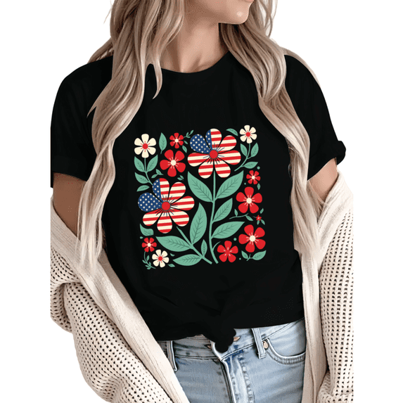 Giffimy Women 4th of July American Flag Flower Graphic Short Sleeve T-Shirt Casual Cotton Crewneck Top Black S-5XL