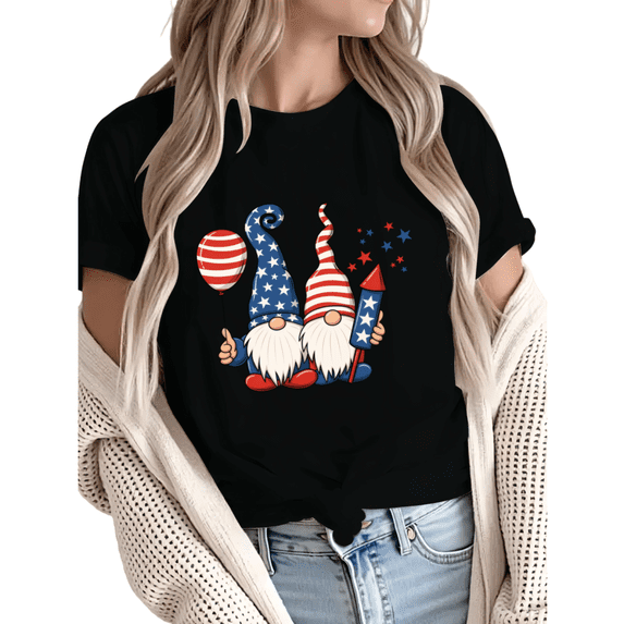 Giffimy Women 4th of July Patriotic Gnome Balloon Firework Graphic Short Sleeve T-Shirt Casual Cotton Crewneck Top Black S-5XL