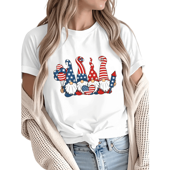 Giffimy Women 4th of July Patriotic Gnome Balloon Firework Graphic Short Sleeve T-Shirt Casual Cotton Crewneck Top White S-5XL