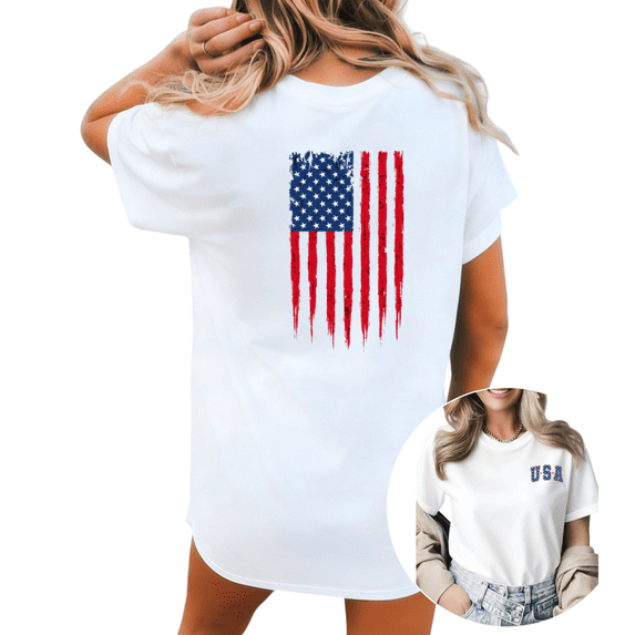 Giffimy Women 4th of July USA Distressed American Flag Graphic Short Sleeve T-Shirt Casual Cotton Crewneck Top White S-5XL