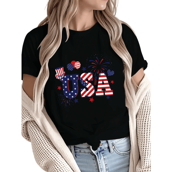 Giffimy Women 4th of July USA Patriotic Firework Balloon Graphic Short Sleeve T-Shirt Casual Cotton Crewneck Top Black S-5XL