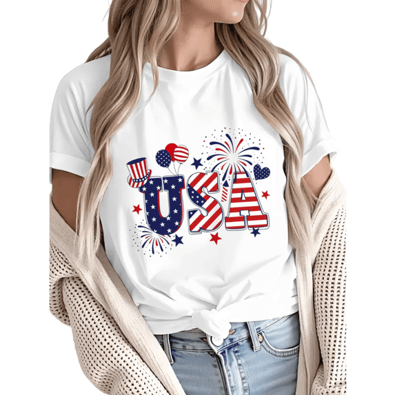 Giffimy Women 4th of July USA Patriotic Firework Balloon Graphic Short Sleeve T-Shirt Casual Cotton Crewneck Top White S-5XL