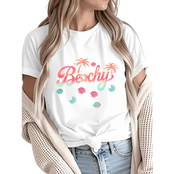 Giffimy Women Beachy Pink Teal Gradient Shell Palm Tree Graphic Tees T-Shirt Tops Round Neck Cotton T-Shirt White S-5XL