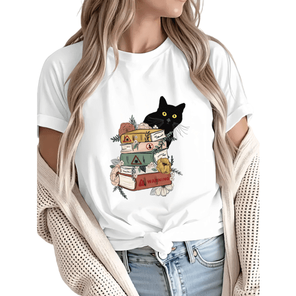 Giffimy Women Black Cat Books Floral Graphic Tees T-Shirt Tops Round Neck Cotton T-Shirt White S-5XL