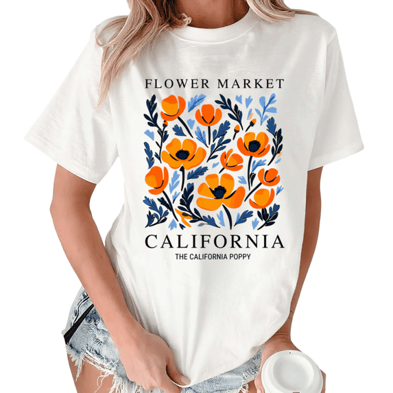Giffimy Women California Flower Market Orange Poppy Floral Graphic Crew Neck Daily Casual Short Sleeve S-5XL White Tops