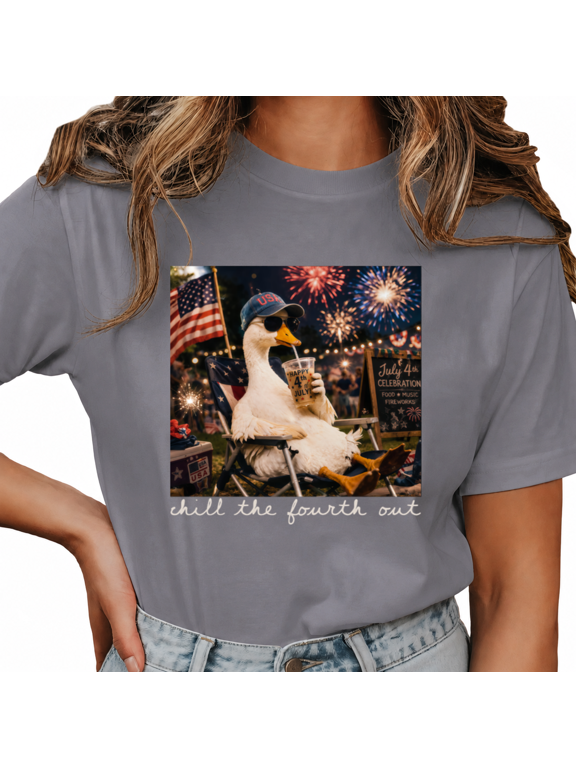 Women Chill The Fourth Out Cool Duck USA Flag Fireworks 4Th Of July Patriotic Crew Neck Short Sleeve S-3XL Grey Tops