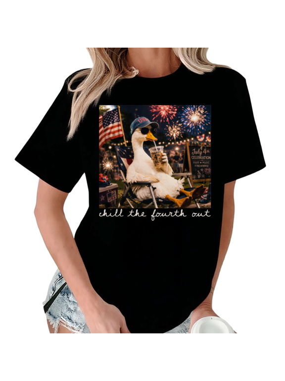 Women Chill The Fourth Out Cool Duck USA Flag Fireworks 4Th Of July Patriotic Crew Neck Short Sleeve S-5XL Black Tops