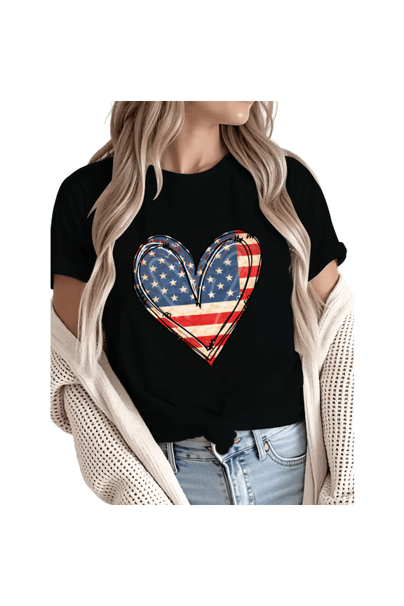 Women Distressed American Flag Heart Graphic Short Sleeve T-Shirt Breathable Cotton Crewneck Top