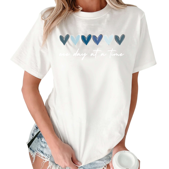 Giffimy Women Doodle Blue Hearts Inspirational Quote Loose Fit Everyday Short Sleeve S-5XL White Tops