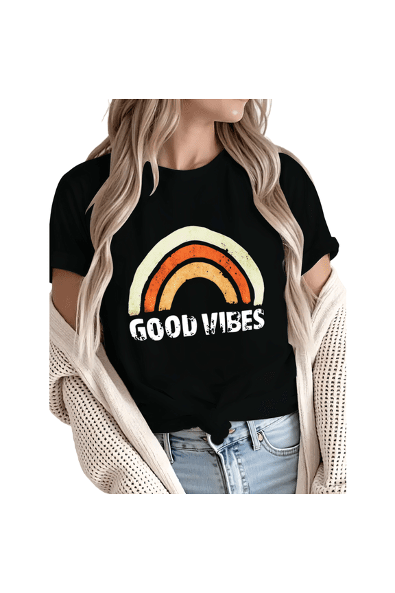 Women Good Vibes Retro Rainbow Graphic Tees T-Shirt Tops Round Neck Cotton T-Shirt Black S-5XL