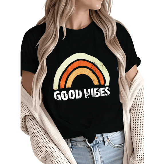 Giffimy Women Good Vibes Retro Rainbow Graphic Tees T-Shirt Tops Round Neck Cotton T-Shirt Black S-5XL