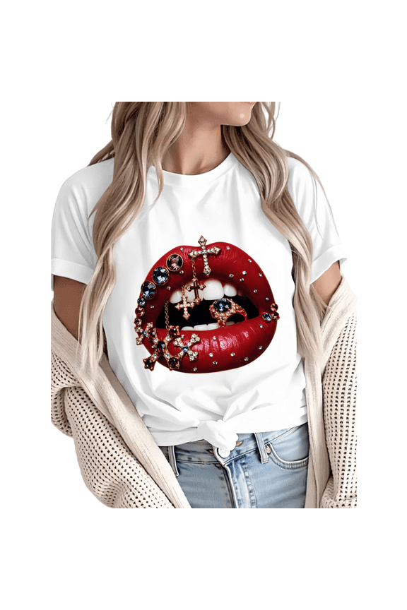 Women Gothic Red Lips with Crosses and Gems Graphic Short Sleeve T-Shirt Casual Cotton Crewneck Top