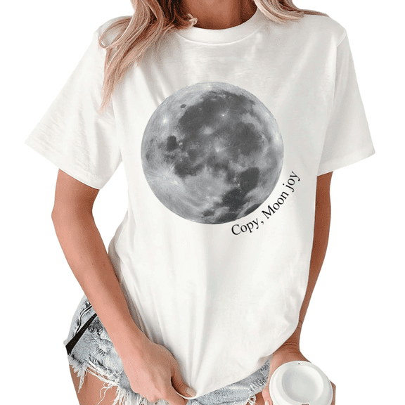 Giffimy Women Grey Full Moon Celestial Lunar Planet Graphic Crew Neck Daily Casual Short Sleeve S-5XL White Tops