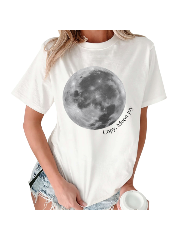 Women Grey Full Moon Celestial Lunar Planet Graphic Crew Neck Daily Casual Short Sleeve S-5XL White Tops
