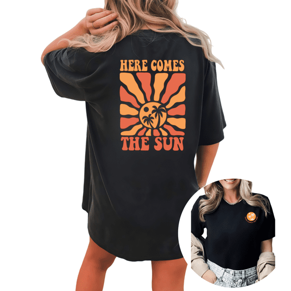 Giffimy Women Here Comes The Sun Retro Summer Graphic Tees T-Shirt Tops Round Neck Printed Cotton T-Shirt Black S-5XL