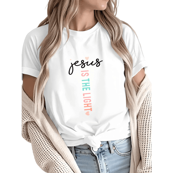 Giffimy Women Jesus is the Light Christian Graphic Short Sleeve T-Shirt Casual Comfortable Crewneck Top