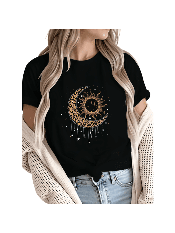 Women Leopard Print Sun Moon Celestial Graphic Tees T-Shirt Tops Round Neck Printed Cotton T-Shirt Black S-5XL