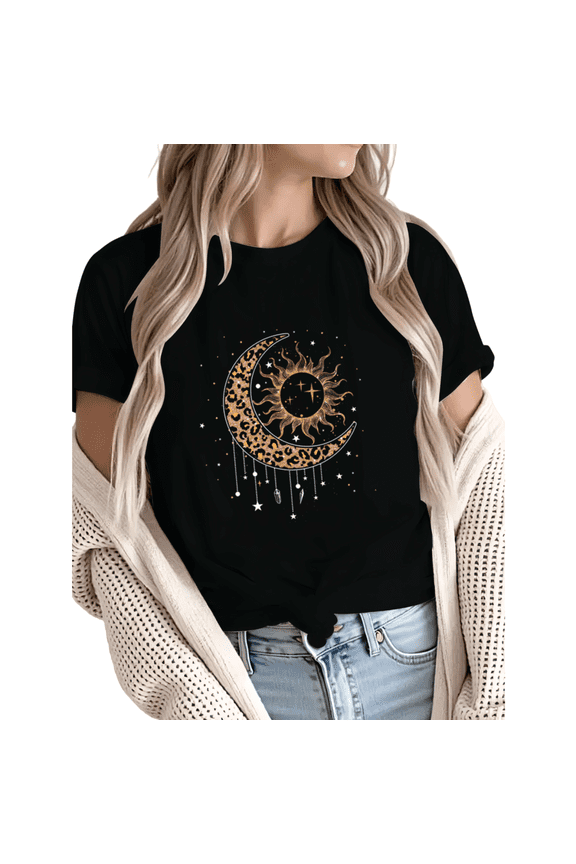 Women Leopard Print Sun Moon Celestial Graphic Tees T-Shirt Tops Round Neck Printed Cotton T-Shirt Black S-5XL