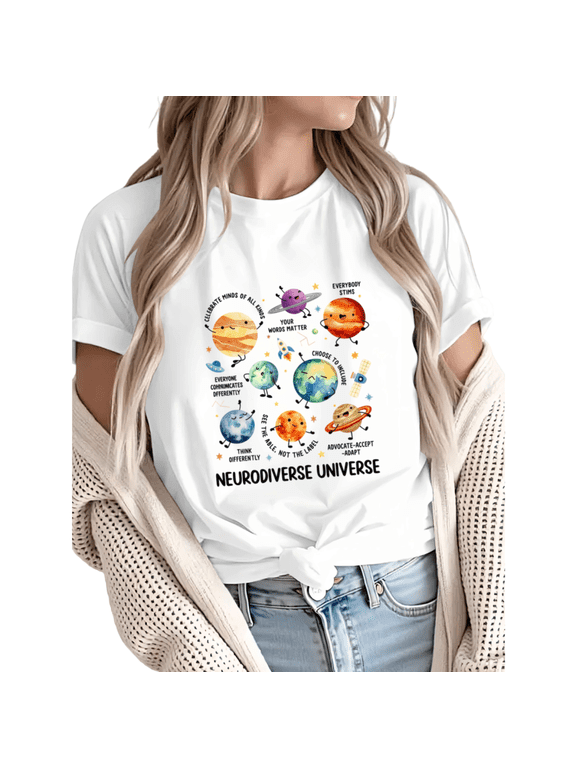 Women Neurodiverse Universe Planets Graphic Short Sleeve T-Shirt Breathable Cotton Crewneck Top