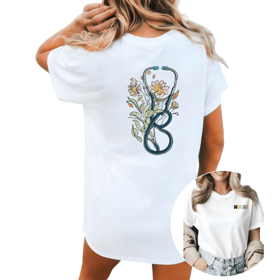Giffimy Women Nurse Stethoscope Floral Graphic Tees T-Shirt Tops Round Neck Printed Cotton T-Shirt White S-5XL