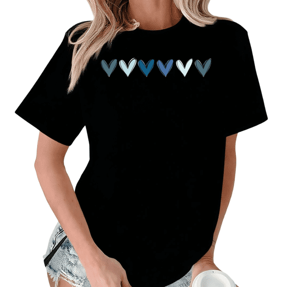Giffimy Women One Day At A Time Blue Hearts Graphic Crew Neck Daily Casual Short Sleeve S-5XL Black Tops