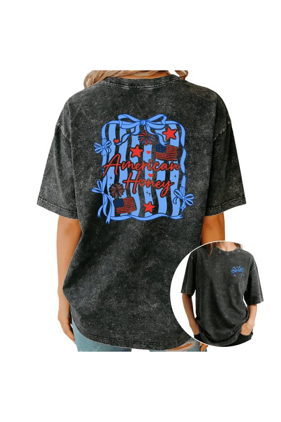 Women Patriotic American Honey Bow Graphic Vintage Washed T-Shirt Short Sleeve Black S-2XL