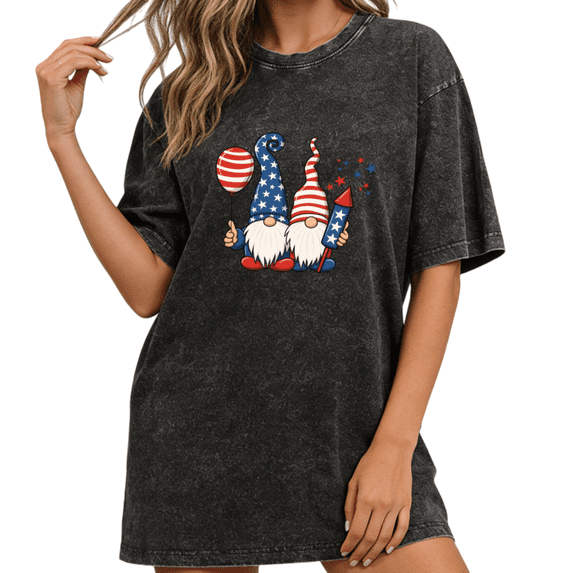Giffimy Women Patriotic Gnomes Balloon Fireworks Vintage Washed T-Shirt Short Sleeve Fit Black S-2XL