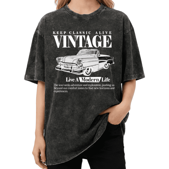 Giffimy Women Retro Classic Car Print Short Sleeve Vintage Washed Cotton T-Shirt Black S-2XL