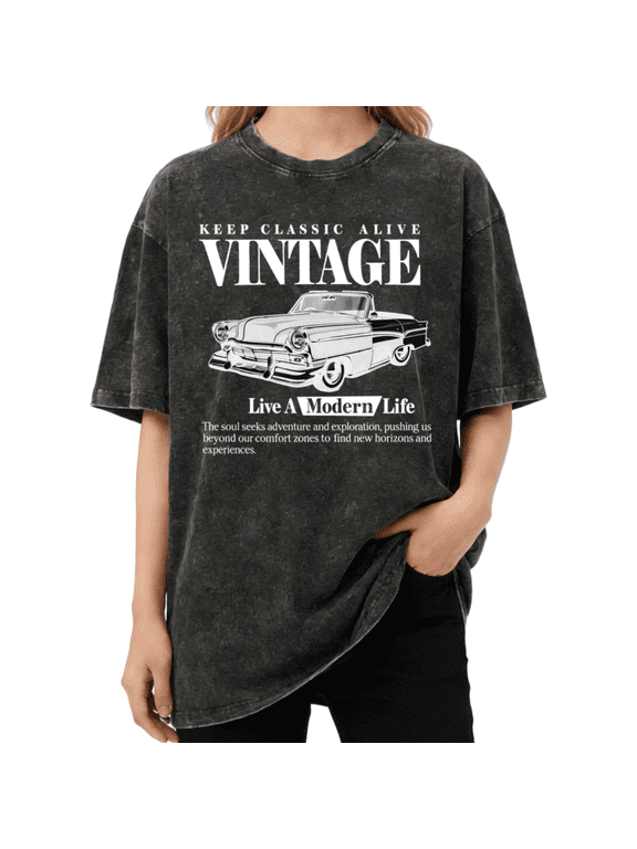 Women Retro Classic Car Print Short Sleeve Vintage Washed Cotton T-Shirt Black S-2XL