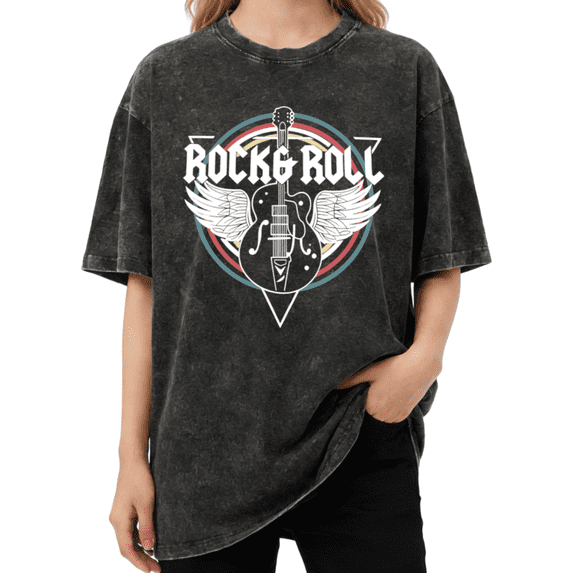Giffimy Women Rock Roll Winged Guitar Retro Vintage Washed T-Shirt Short Sleeve Relaxed Fit Black S-2XL