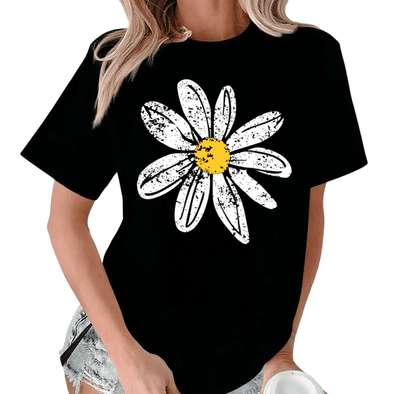 Giffimy Women Single Distressed White Yellow Daisy Floral Graphic Crew Neck Daily Casual Short Sleeve S-5XL Black Tops
