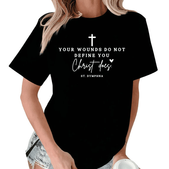Giffimy Women St Dymphna Christ Does Cross Heart Faith Inspirational Minimal Text Crew Neck Short Sleeve S-5XL Black Tops