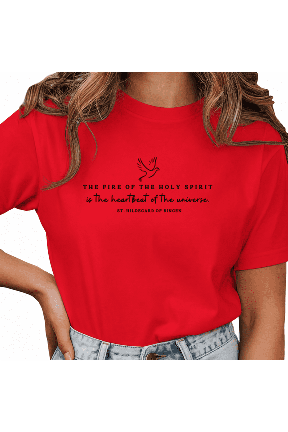 Women St Hildegard Of Bingen Holy Spirit Dove Faith Inspirational Minimal Text Crew Neck Short Sleeve S-3XL Red Tops