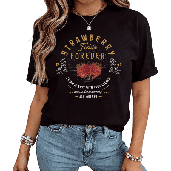 Giffimy Women Strawberry Fields Forever 1967 Strawberry Graphic Short Sleeve T-Shirt Casual Cotton Crewneck fun Top Black S-5XL