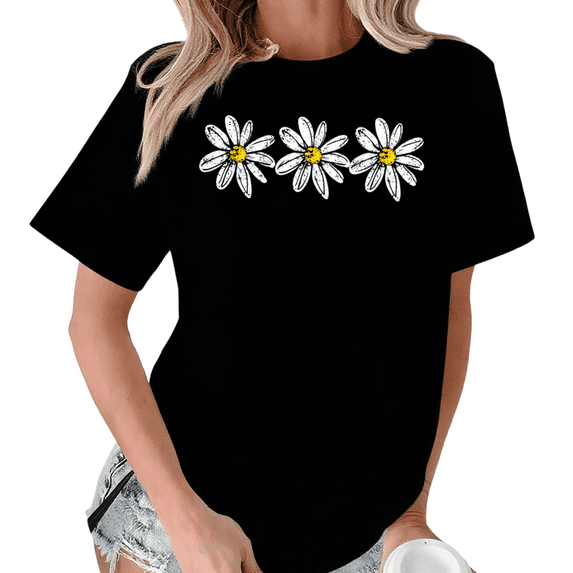 Giffimy Women Three Horizontal White Yellow Distressed Daisy Floral Crew Neck Daily Casual Short Sleeve S-5XL Black Tops
