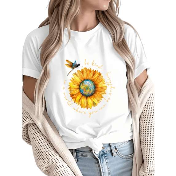 Giffimy Women's "Be Kind" Sunflower Earth Dragonfly Graphic Short Sleeve T-Shirt Casual Cotton Crewneck Top