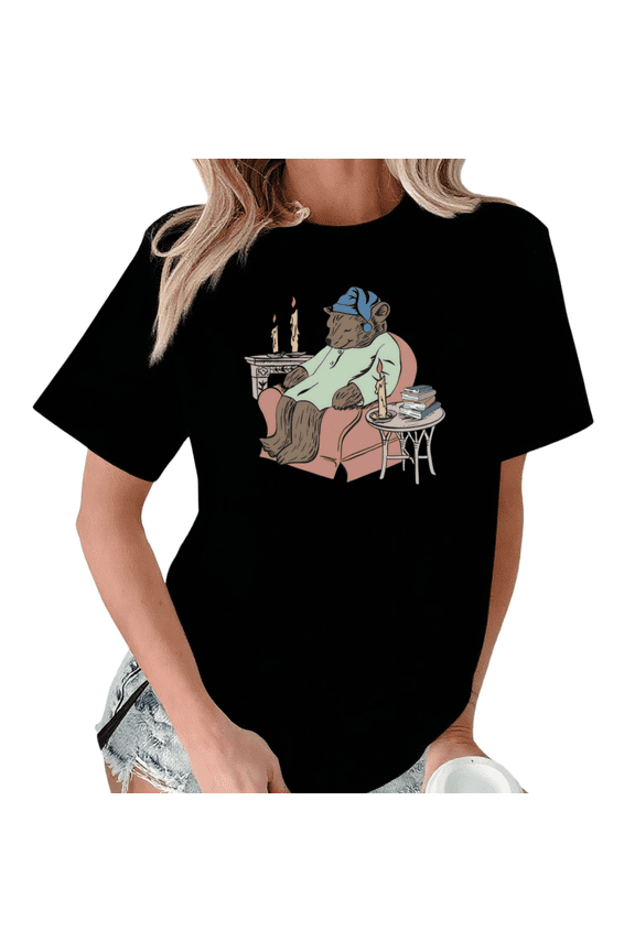 Women's Bear Night Reading Vintage Tee Short Sleeve T-Shirt Black Casual Relaxed Fit Top