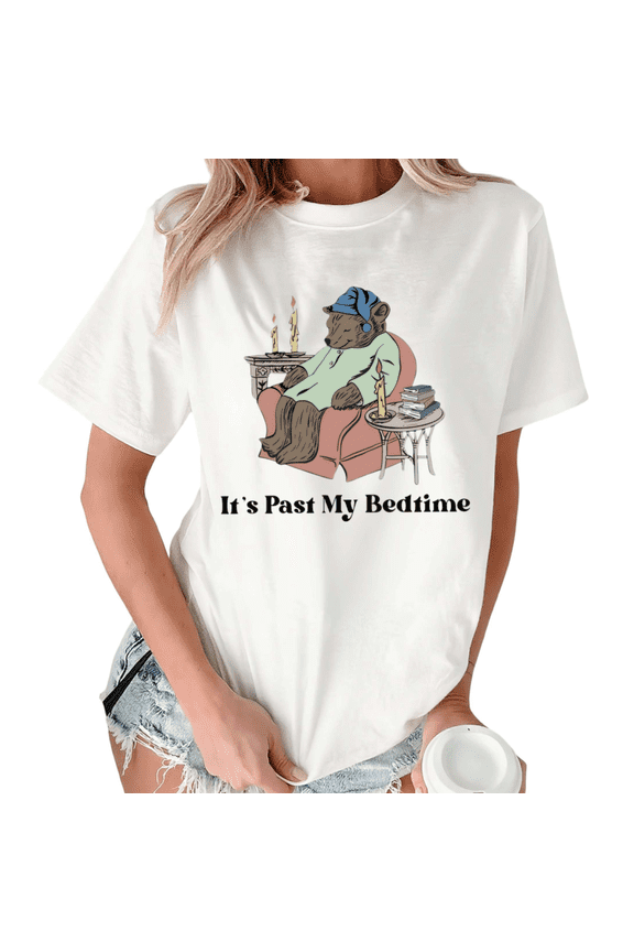 Women's Bear Night Reading Vintage Tee Short Sleeve T-Shirt White Casual Relaxed Fit Top