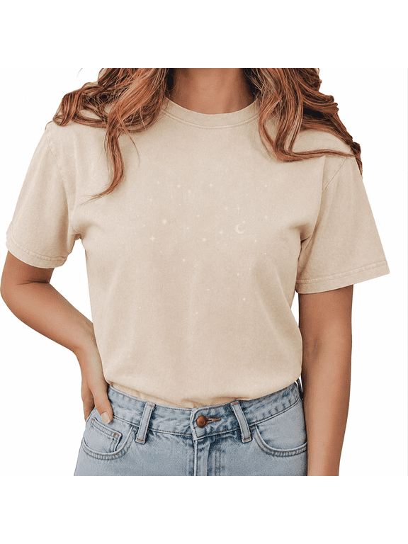 Women's Beige Celestial Moon Stars Vintage Washed T-Shirt Short Sleeve S-2XL Relaxed Fit Top
