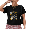 thumbnail image 1 of Giffimy Women's Black Boho Floral Line Art Graphic Short Sleeve Crop T-Shirt Aesthetic Top, 1 of 6