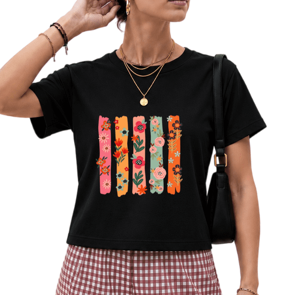 Giffimy Women's Black Colorful Brushstroke Stripes Wildflower Graphic Short Sleeve Crop T-Shirt XS-XL Crewneck Top