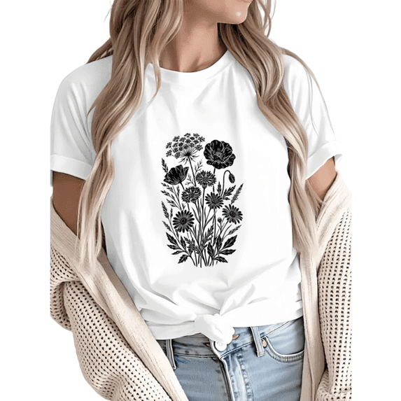 Giffimy Women's Black Ink Sketch Poppy Daisy Wildflower Bouquet Graphic Short Sleeve T-Shirt Casual Crewneck Top