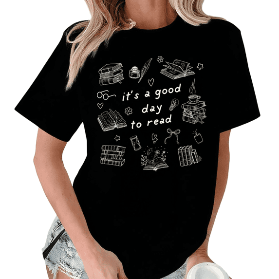 Giffimy Women's Black It's A Good Day To Read Feather Pen Coffee Book Reading Lover Graphic Short Sleeve T-Shirt Soft Crewneck Top