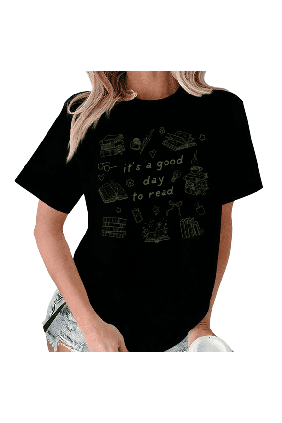 Women's Black It's A Good Day To Read Feather Pen Coffee Book Reading Lover Graphic Short Sleeve T-Shirt Soft Crewneck Top