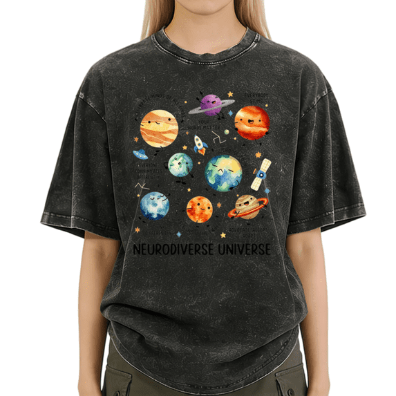 Giffimy Women's Black Neurodiversity Planet Graphic Vintage Washed T-Shirt Short Sleeve Relaxed Fit Top