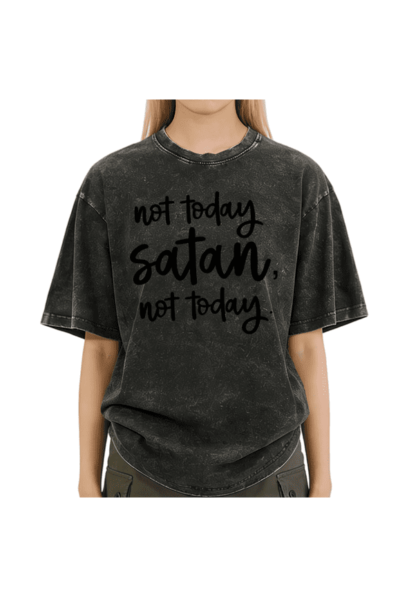 Women's Black "Not Today Satan" Christian Vintage Washed Short Sleeve T-Shirt Casual Crewneck Top