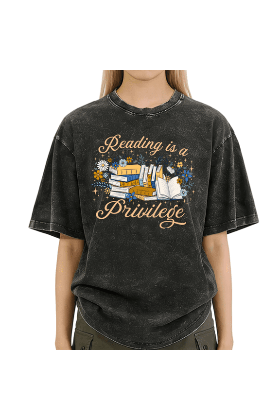 Women's Black Reading Is A Privilege Daisy Floral Book Stack Vintage Washed T-Shirt Short Sleeve S-2XL Top