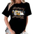 thumbnail image 1 of Giffimy Women's Black Reading Is A Privilege Daisy Floral Stack Book Star Graphic Short Sleeve T-Shirt Soft Crewneck Top, 1 of 5