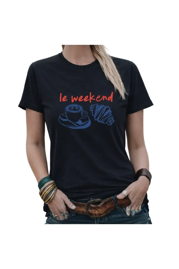 Women's Black Retro French Brunch Le Weekend Coffee & Croissant Printed Short Sleeve Tee Comfy Cotton Loose Fit Crew Neck Casual Fashion T-Shirt
