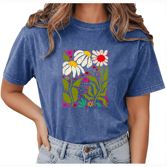Giffimy Women's Blue Colorful Retro Floral Vintage Washed T-Shirt Short Sleeve S-2XL Relaxed Fit Top